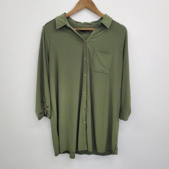 Roz & Ali Womens 3/4 Sleeve Olive Green Button Front Blouse Top Plus Size 2X - Picture 3 of 15